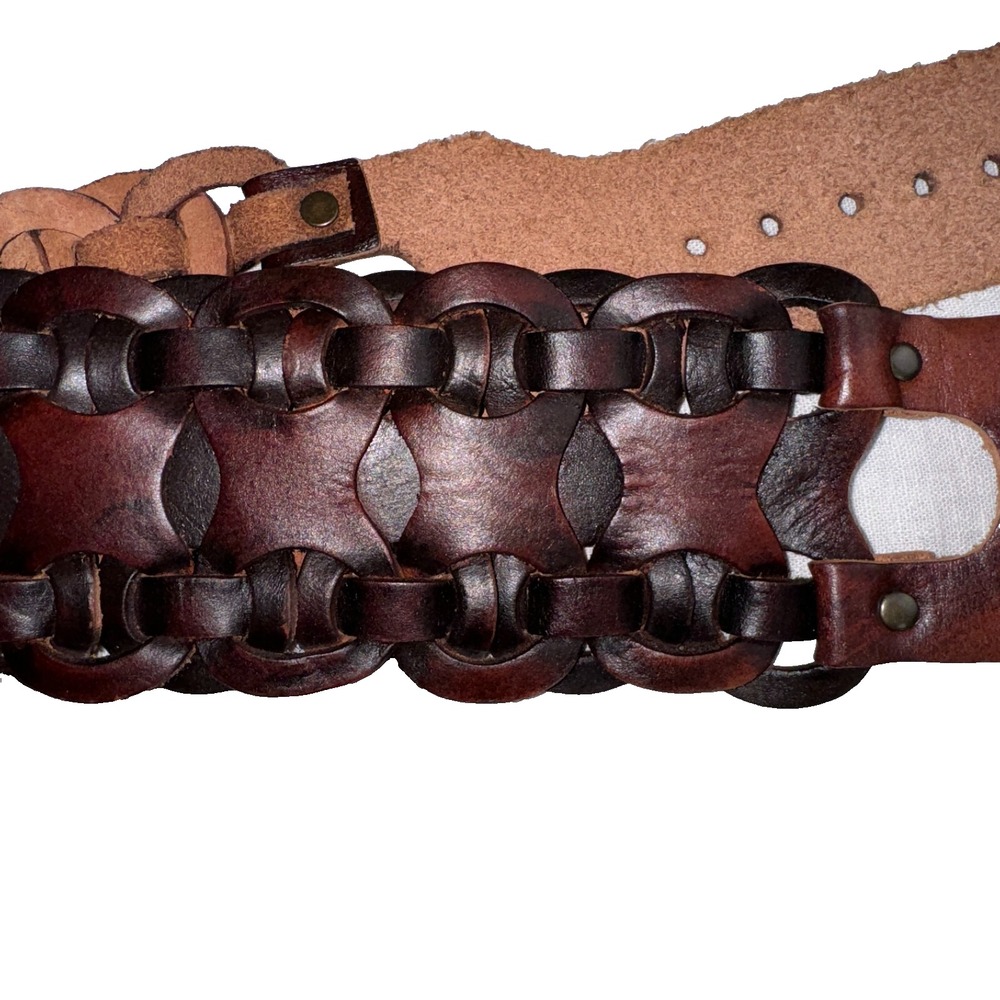 Vintage Y2K Hip Slung Waist Belt M Boho Chocolate Brown Woven Leather Adjustable